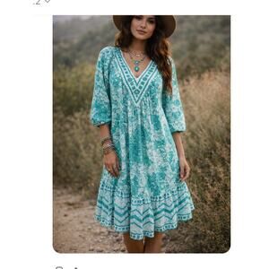 Vintage Cotton Gauze Bohemian Dress Size S/M Fit Turquoise/White Vacation